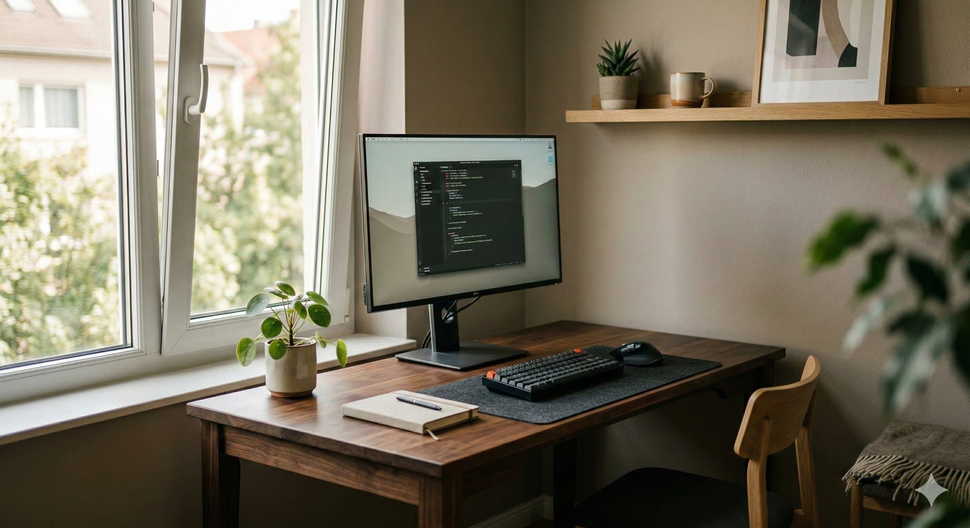 Ergonomic home office with monitor, mechanical keyboard, and natural side lighting
